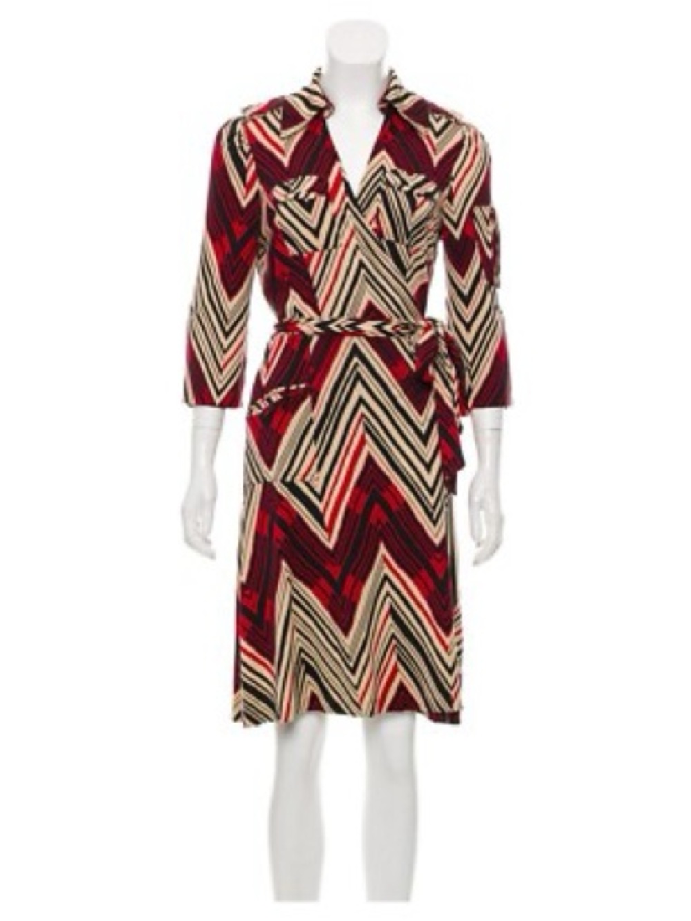 DVF Diane von Furstenberg Vintage Silk Utility Chevron Wrap Dress Red Black Sz 4 - Picture 3 of 11